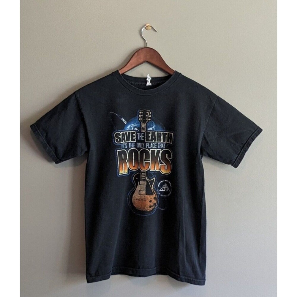 Vintage Rock Hall Save the Earth T-Shirt Mens Small Black Graphic Tee Shirt S